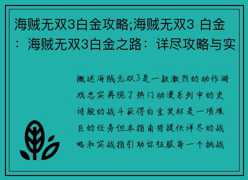 海贼无双3白金攻略;海贼无双3 白金：海贼无双3白金之路：详尽攻略与实战指引