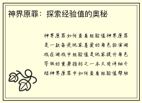 神界原罪：探索经验值的奥秘